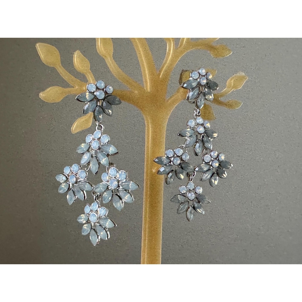 Vintage Faux Opal Drop Dangle Clip on Earrings in Silver Tone Metal